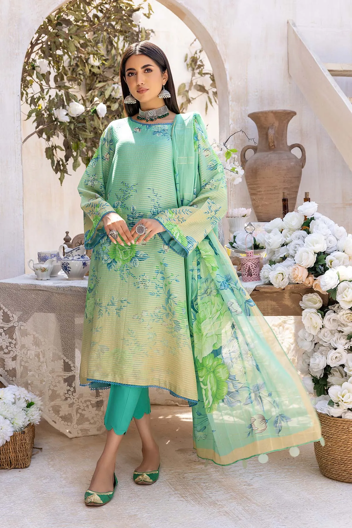 3-Pc Charizma Unstitched Printed Bnarsi Suit With Banarsi Lawn Dupatta CP23-39