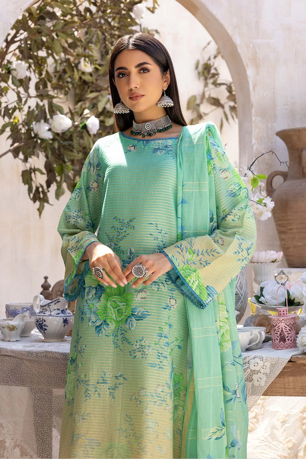 3-Pc Charizma Unstitched Printed Bnarsi Suit With Banarsi Lawn Dupatta CP23-39