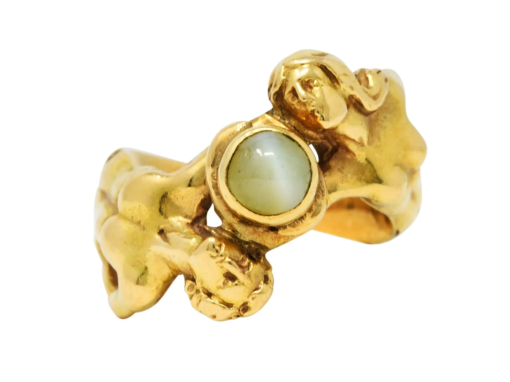 Art Nouveau Cat's Eye Chrysoberyl 18 Karat Gold Unisex Figural Band Ring