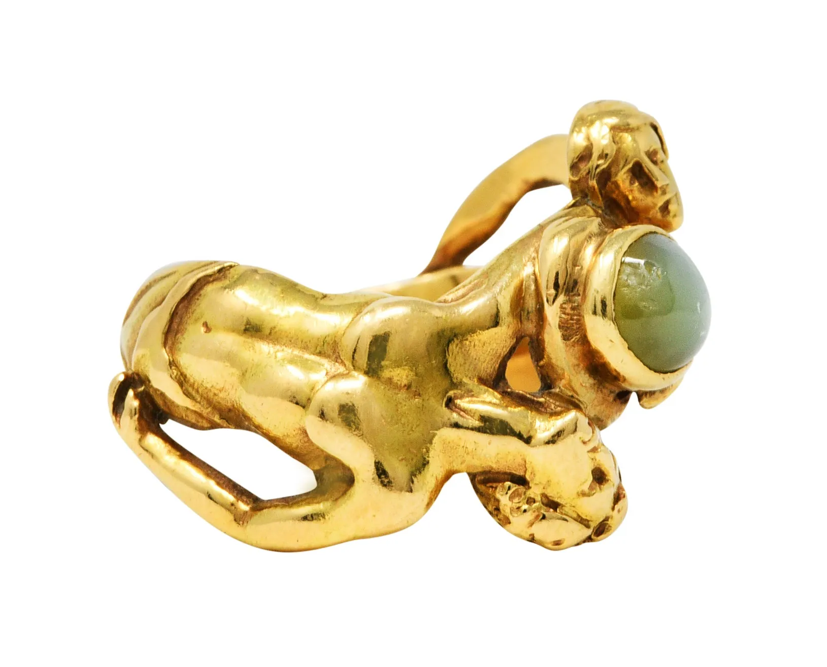 Art Nouveau Cat's Eye Chrysoberyl 18 Karat Gold Unisex Figural Band Ring