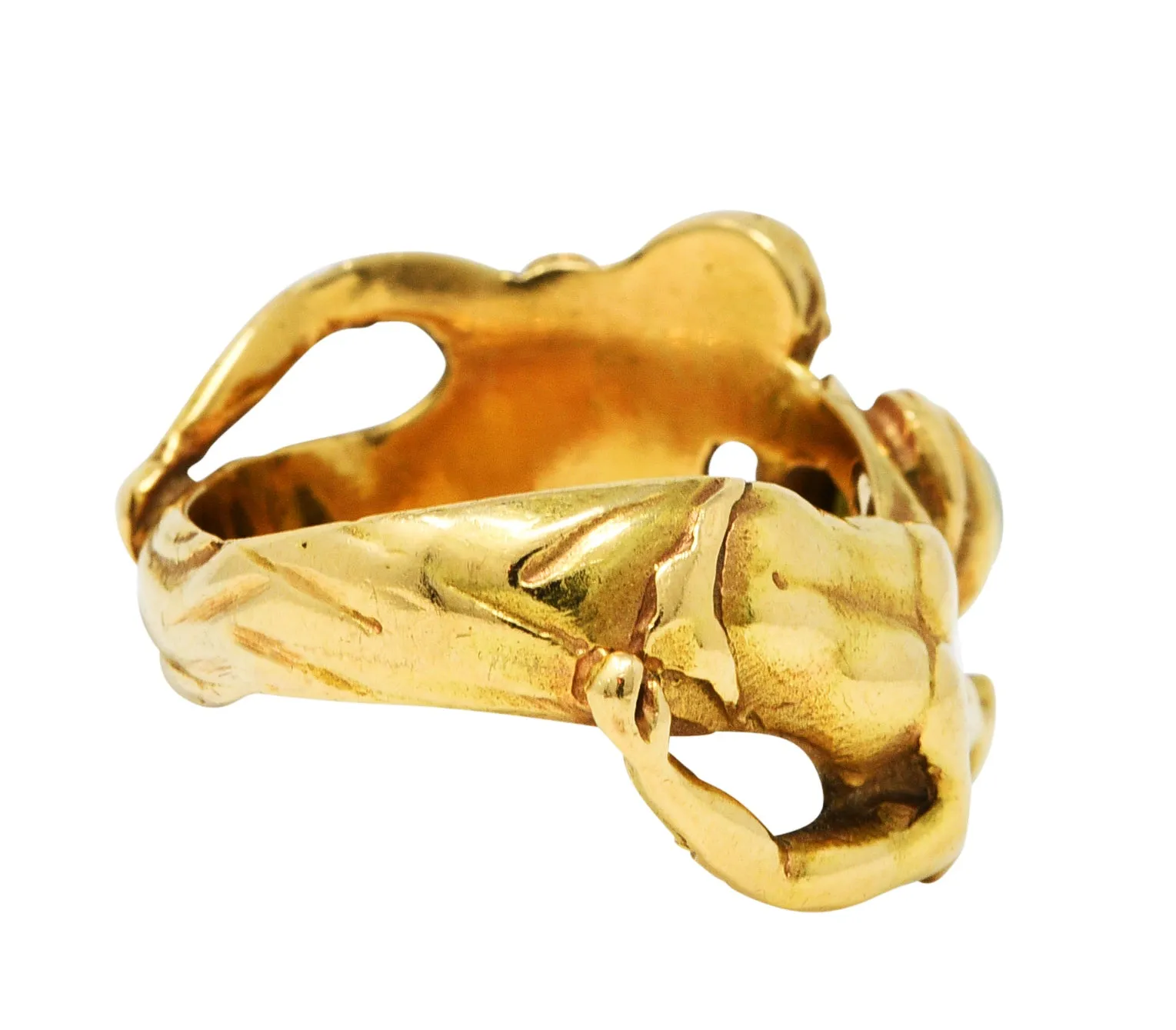 Art Nouveau Cat's Eye Chrysoberyl 18 Karat Gold Unisex Figural Band Ring