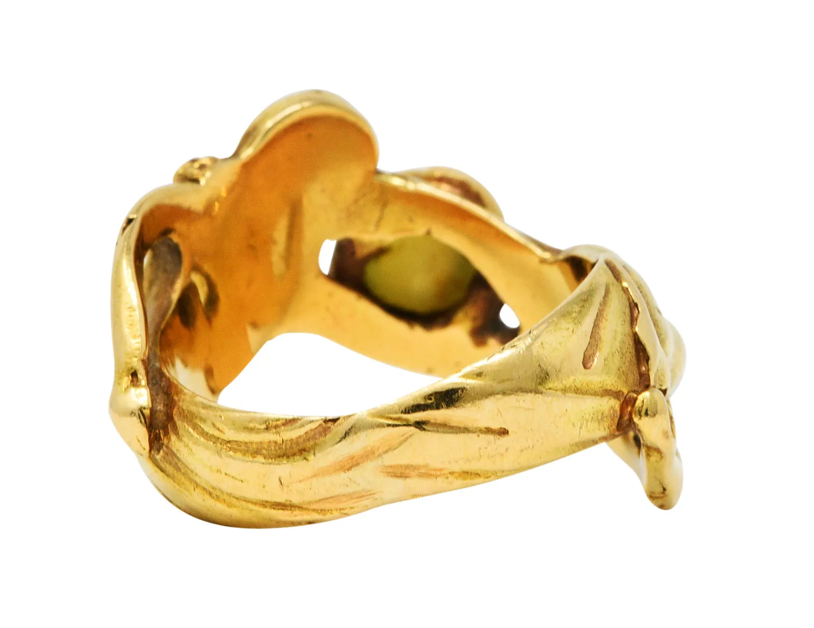 Art Nouveau Cat's Eye Chrysoberyl 18 Karat Gold Unisex Figural Band Ring