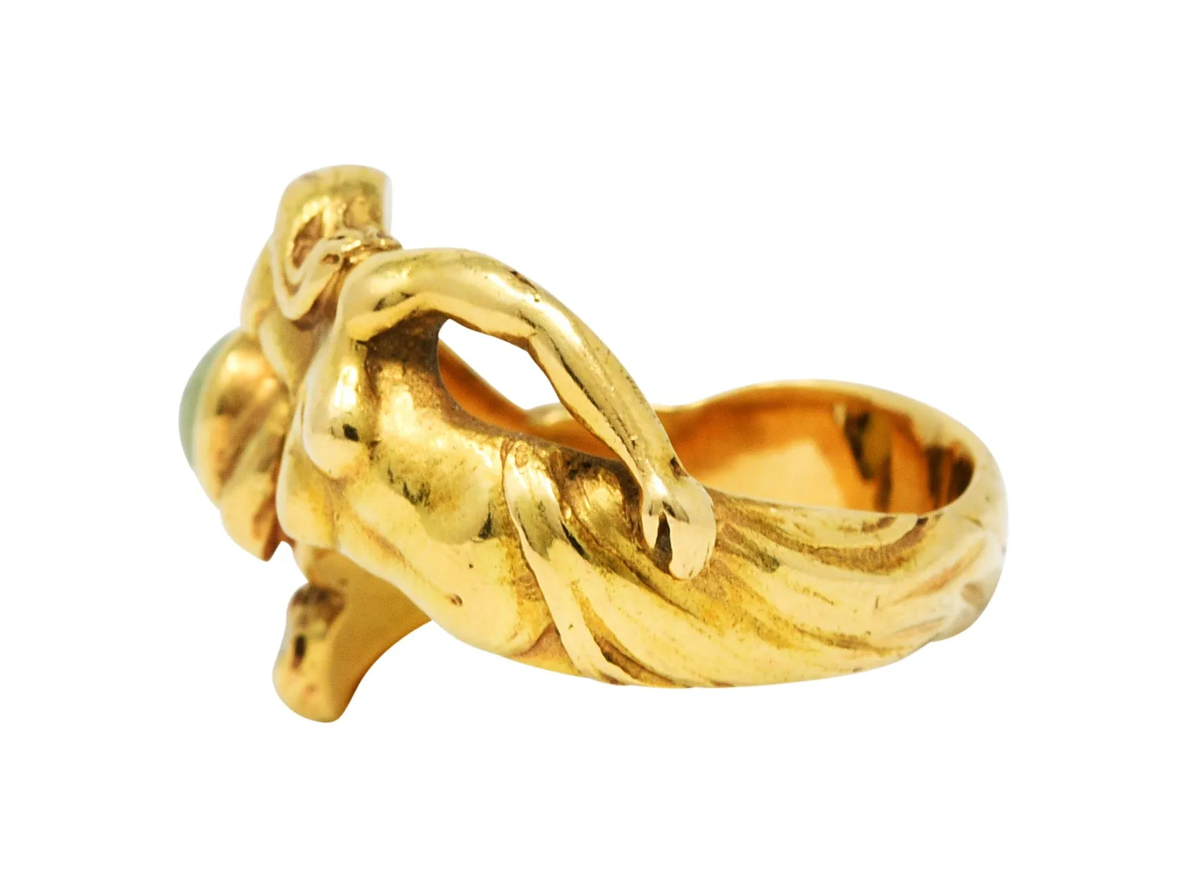 Art Nouveau Cat's Eye Chrysoberyl 18 Karat Gold Unisex Figural Band Ring