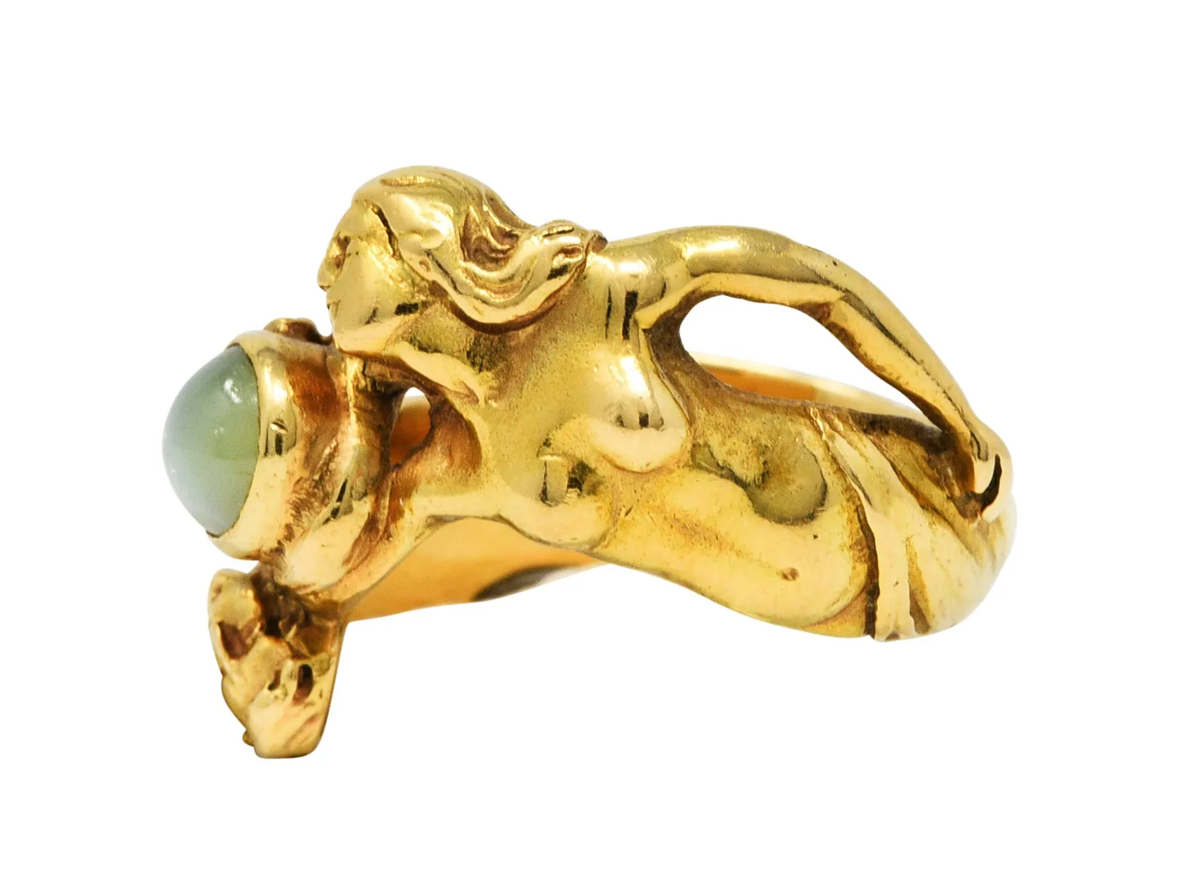 Art Nouveau Cat's Eye Chrysoberyl 18 Karat Gold Unisex Figural Band Ring