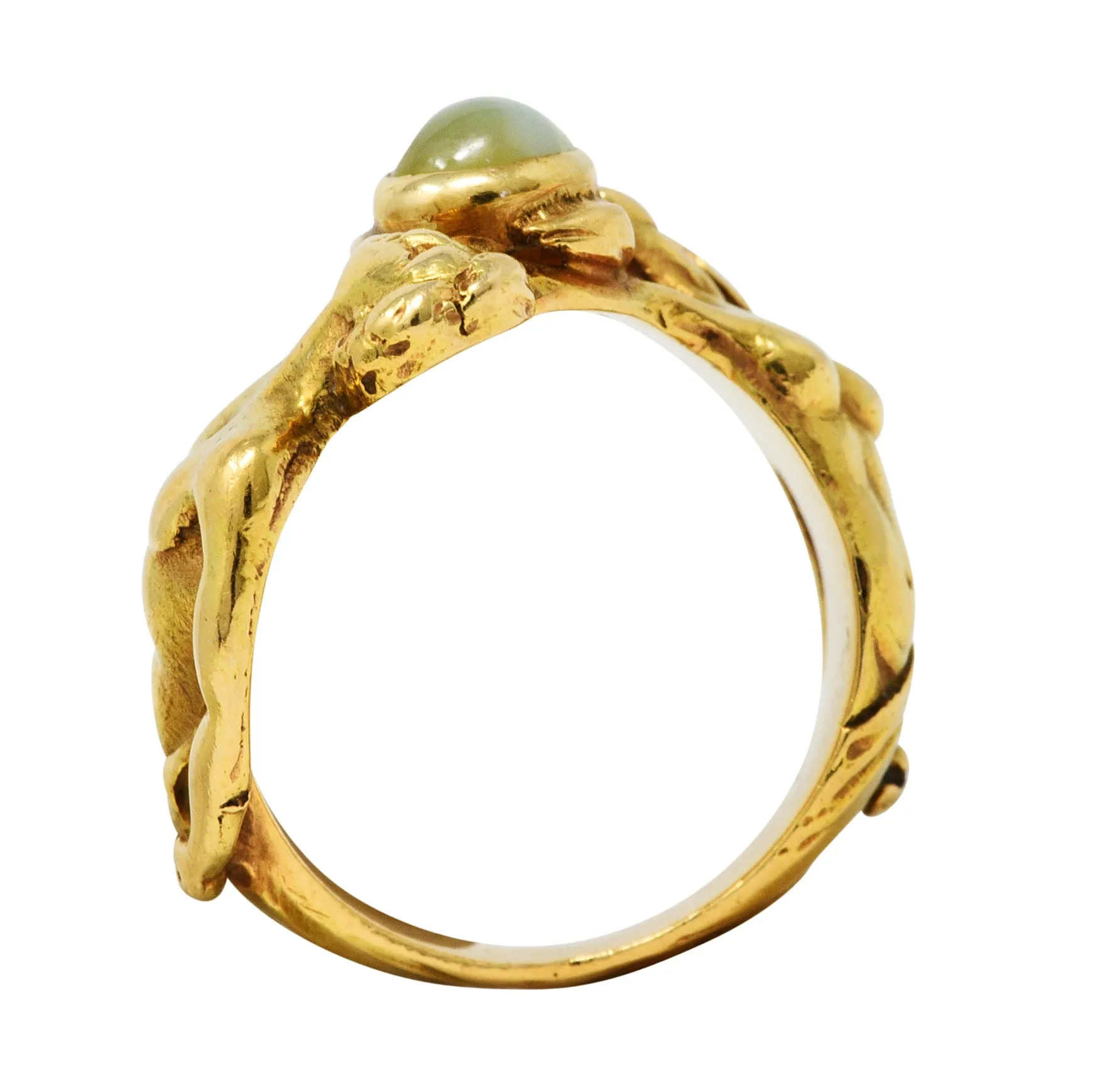 Art Nouveau Cat's Eye Chrysoberyl 18 Karat Gold Unisex Figural Band Ring