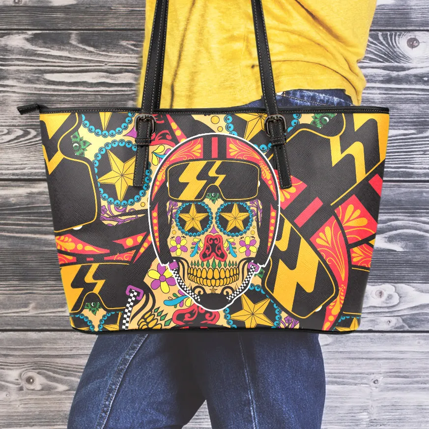 Biker Sugar Skull Large Leather Tote Bag