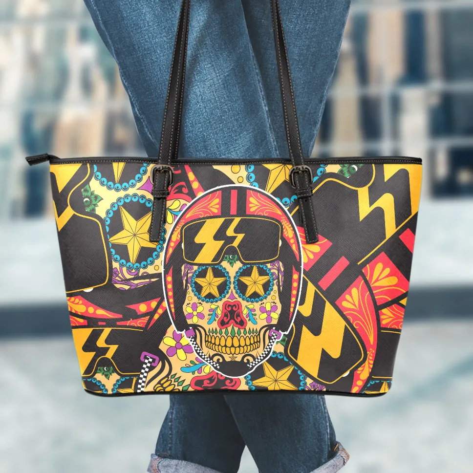 Biker Sugar Skull Large Leather Tote Bag