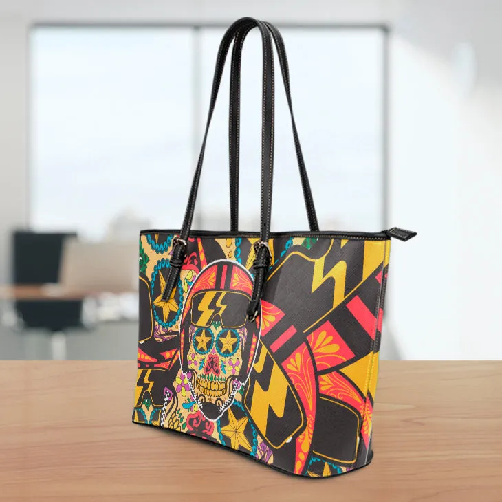 Biker Sugar Skull Large Leather Tote Bag