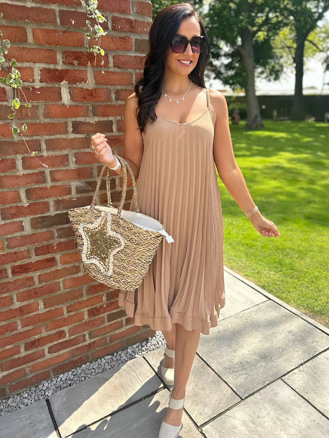 Camel Pleated Strappy Dress Alesha