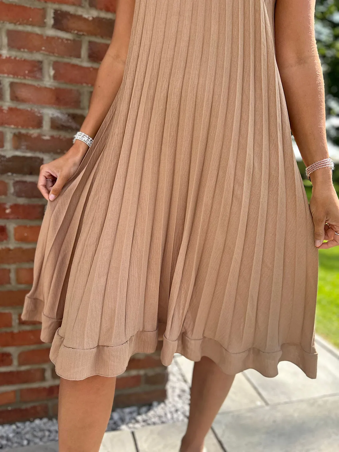 Camel Pleated Strappy Dress Alesha