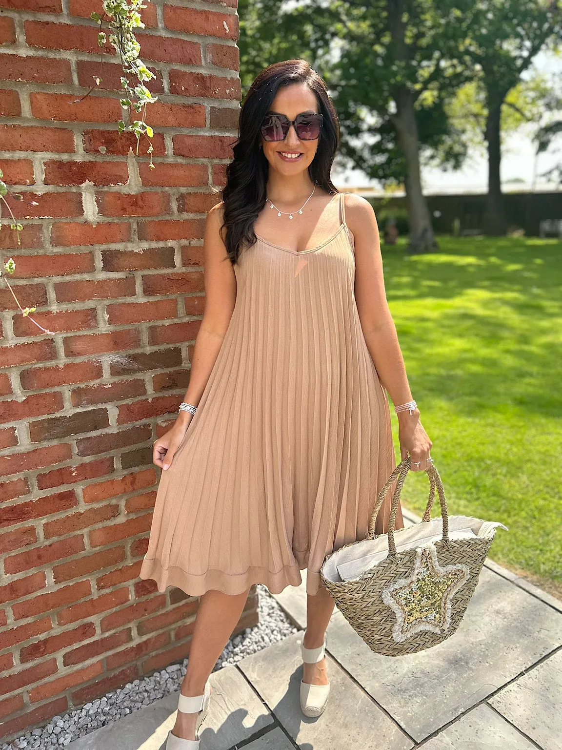 Camel Pleated Strappy Dress Alesha