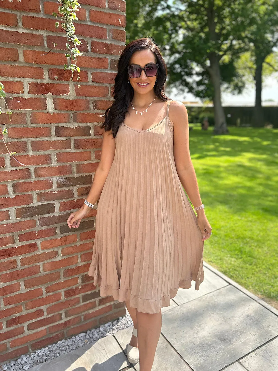 Camel Pleated Strappy Dress Alesha