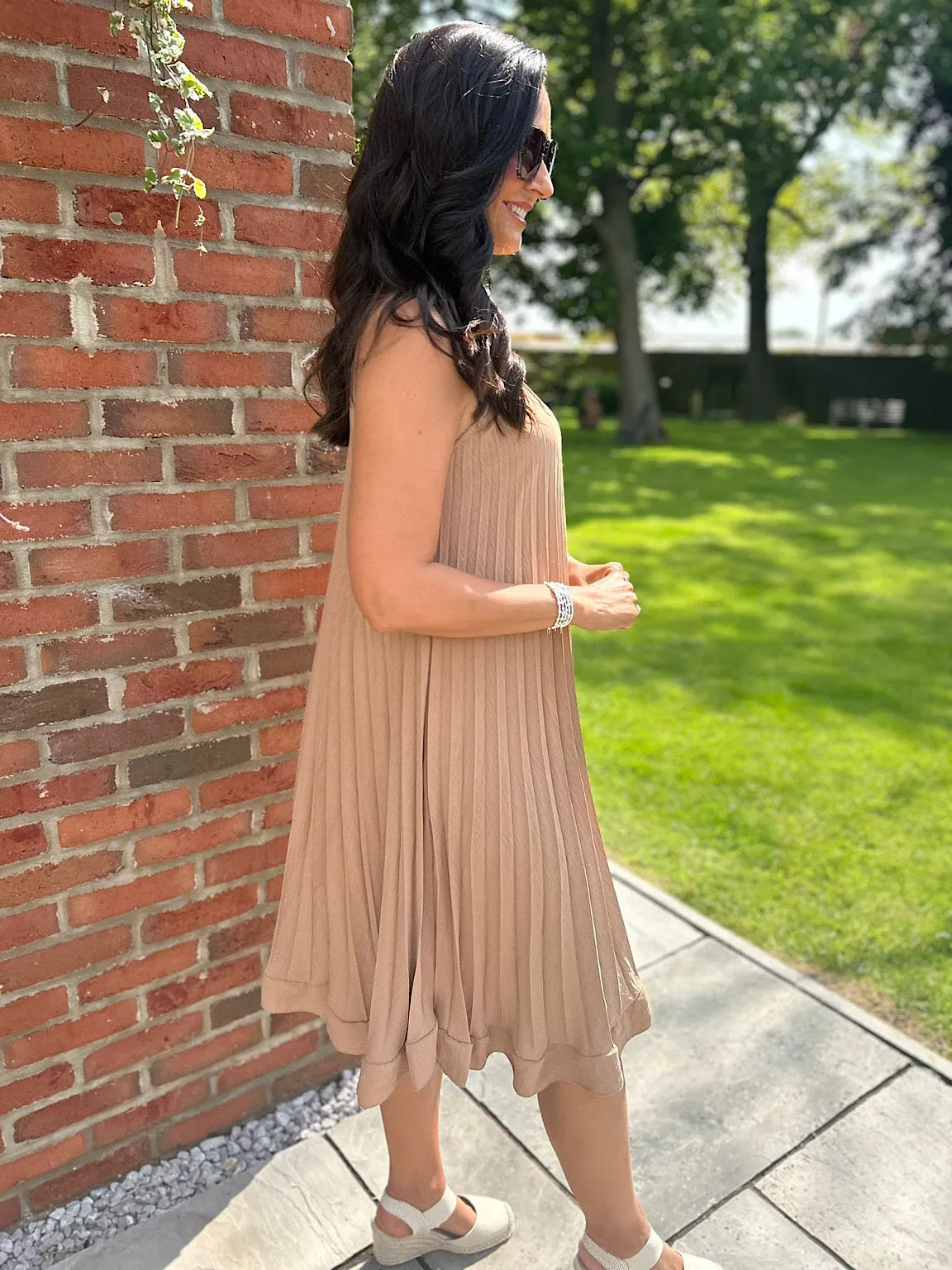 Camel Pleated Strappy Dress Alesha