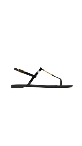 Cassandra Flat Sandals in Patent Leather with Gold-tone Monogram - Black