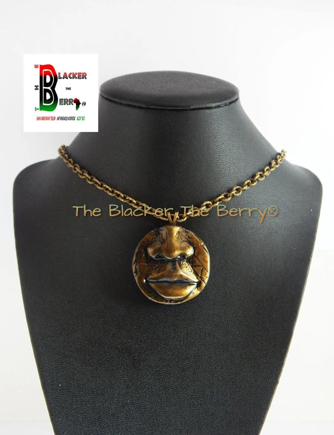 Clay African Necklace African Jewelry Tribal necklace African Pendant Face Pendant Chain Necklace Antique Gold Lips Nose Handmad