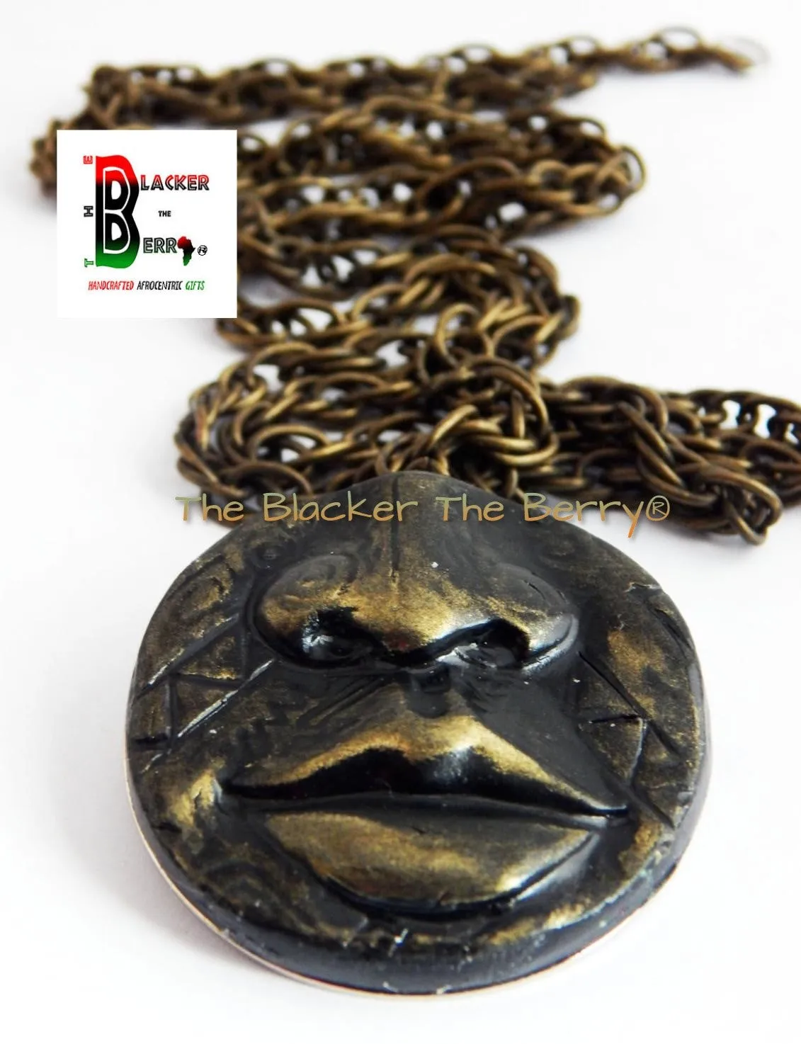 Clay African Necklace African Jewelry Tribal necklace African Pendant Face Pendant Chain Necklace Antique Gold Lips Nose Handmad