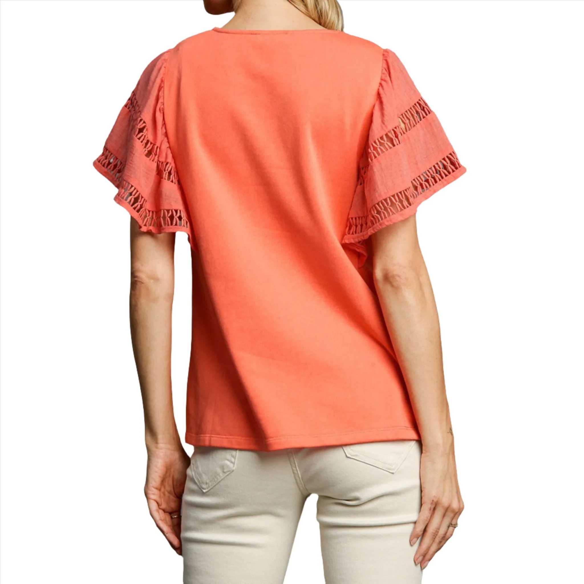 Coral Crocheted Short Sleeve Shirt