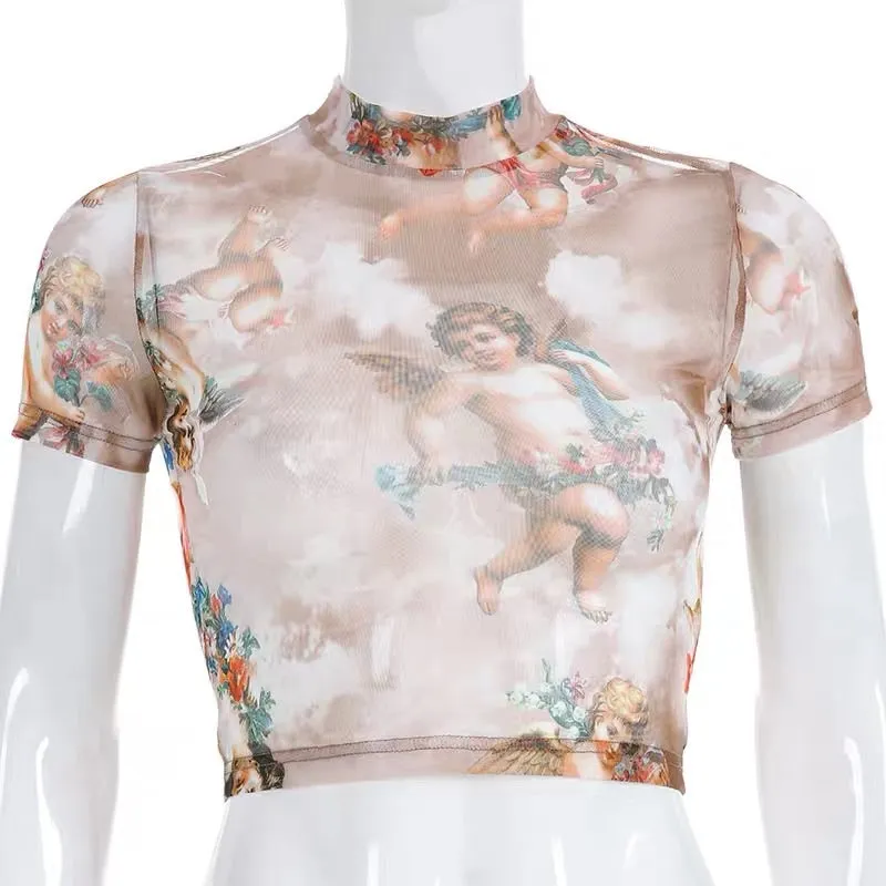 CUTE ANGEL PRINT MESH TOP BY22253