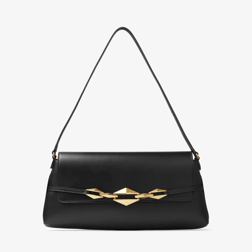 Diamond Shoulder East-west Black Calf Leather Shoulder Bag