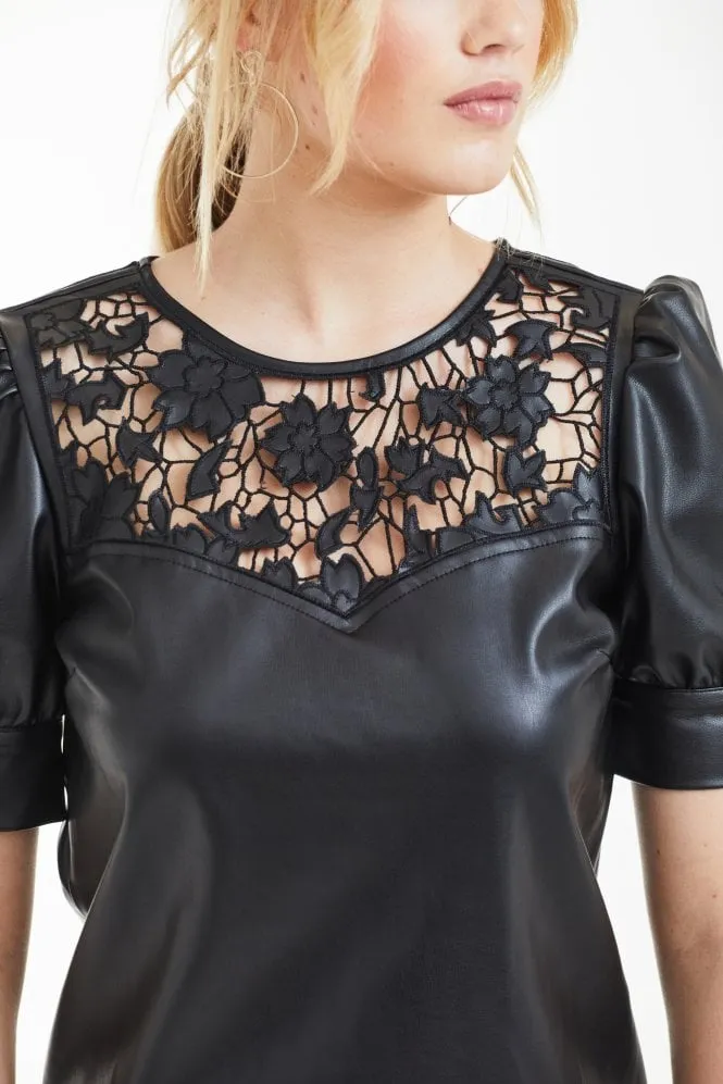 Double Second Black Vegan Leather Top With Embroidery Yoke