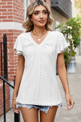 Eyelet V-Neck Flutter Sleeve T-Shirt