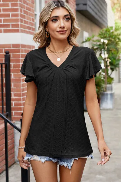 Eyelet V-Neck Flutter Sleeve T-Shirt