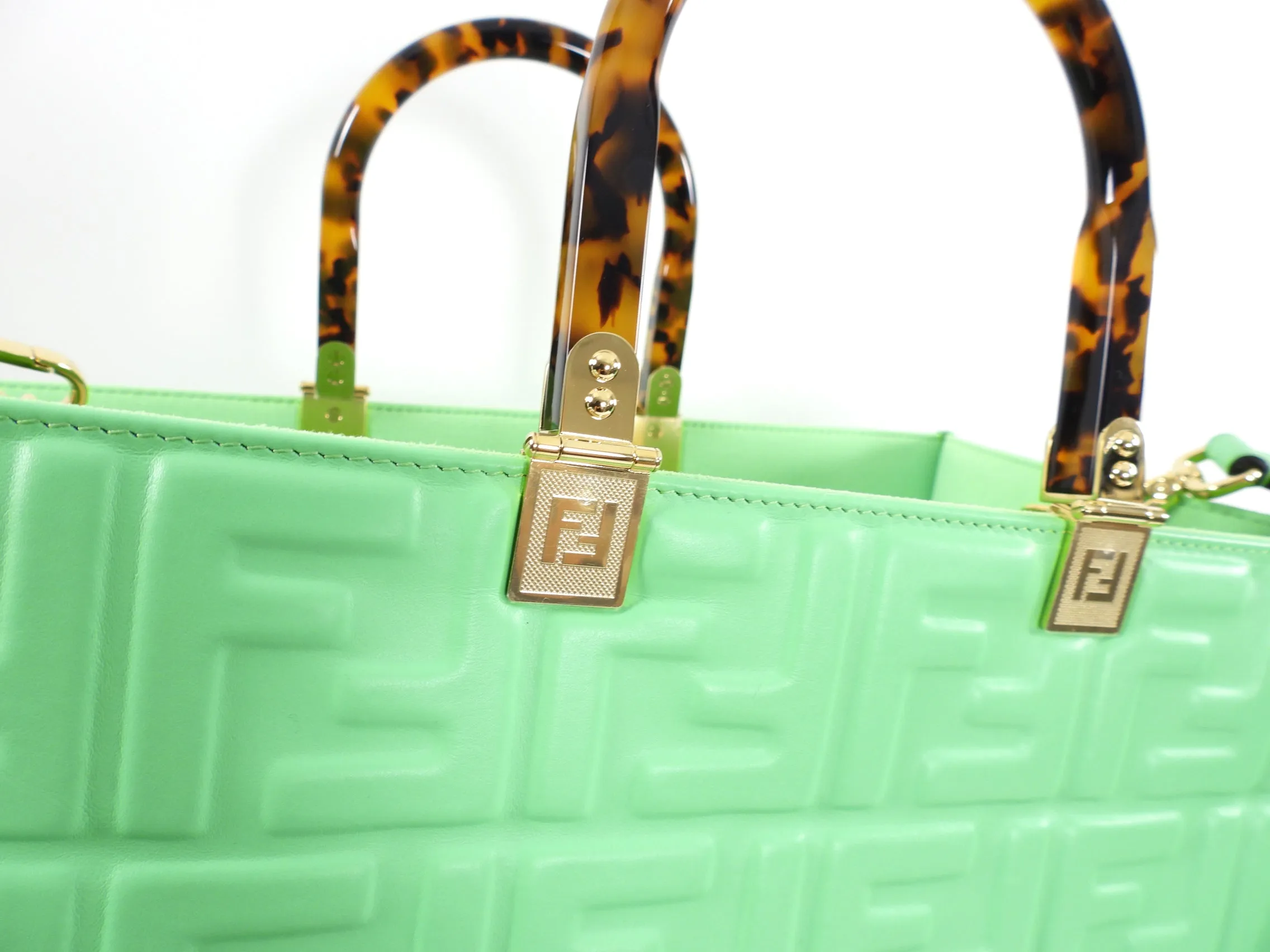 Fendi Edamame Green Leather Embossed Sunshine Tote Bag