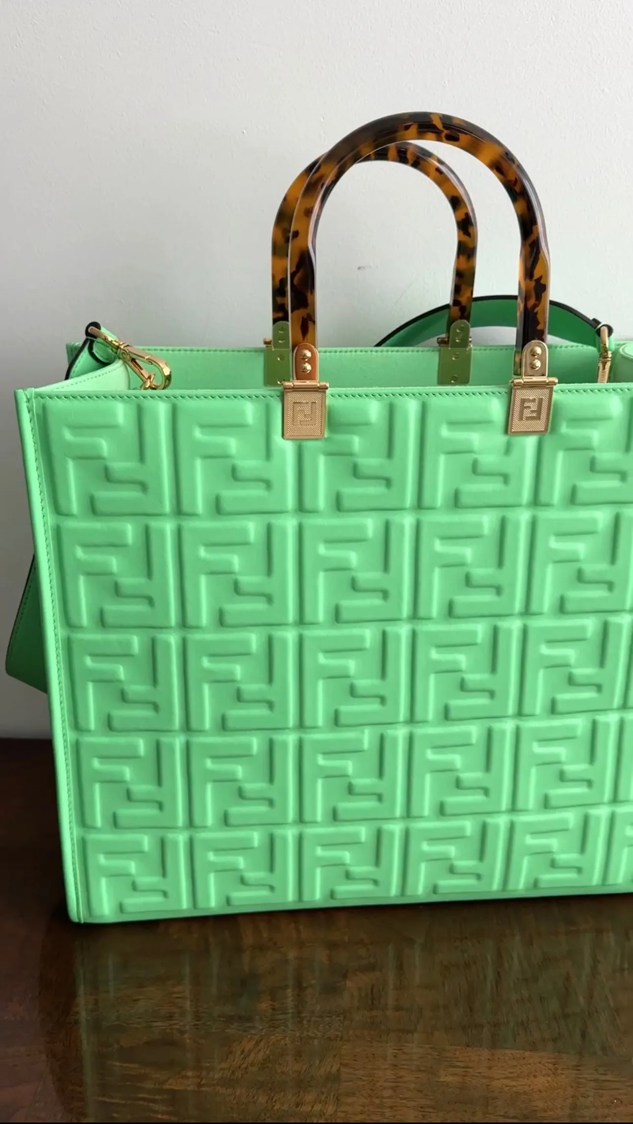 Fendi Edamame Green Leather Embossed Sunshine Tote Bag