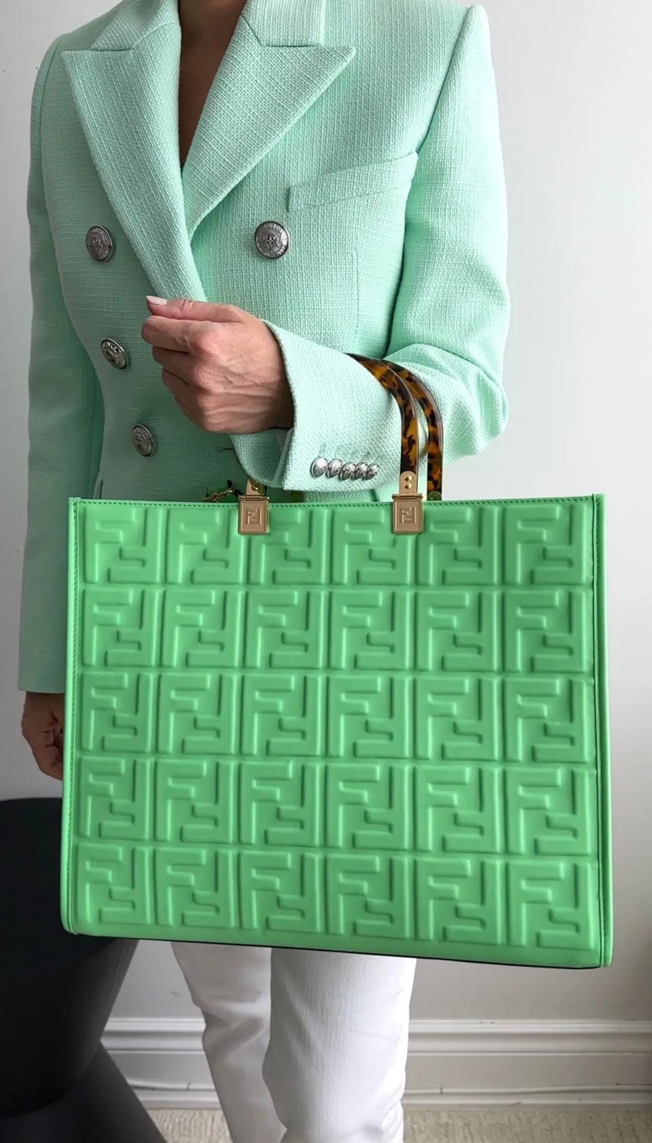 Fendi Edamame Green Leather Embossed Sunshine Tote Bag