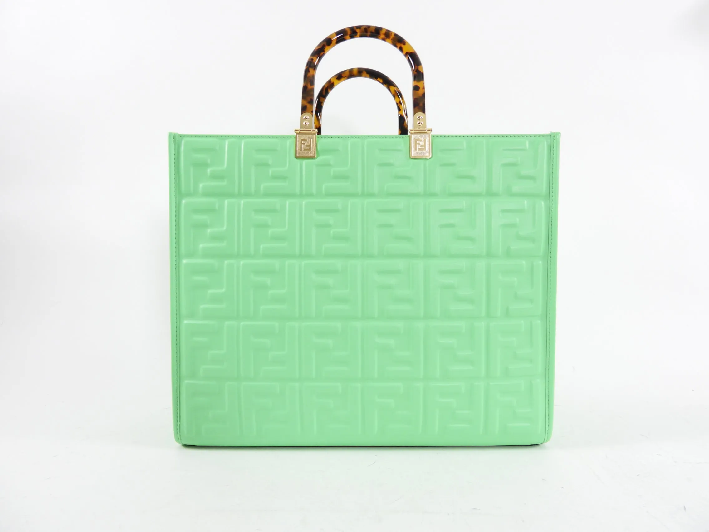 Fendi Edamame Green Leather Embossed Sunshine Tote Bag