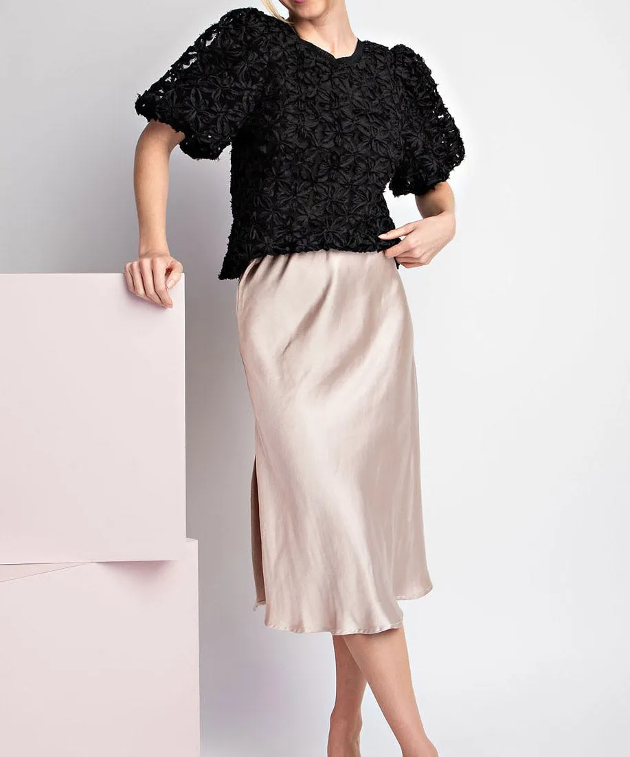 Floral Lace Puff Sleeve Top - Black