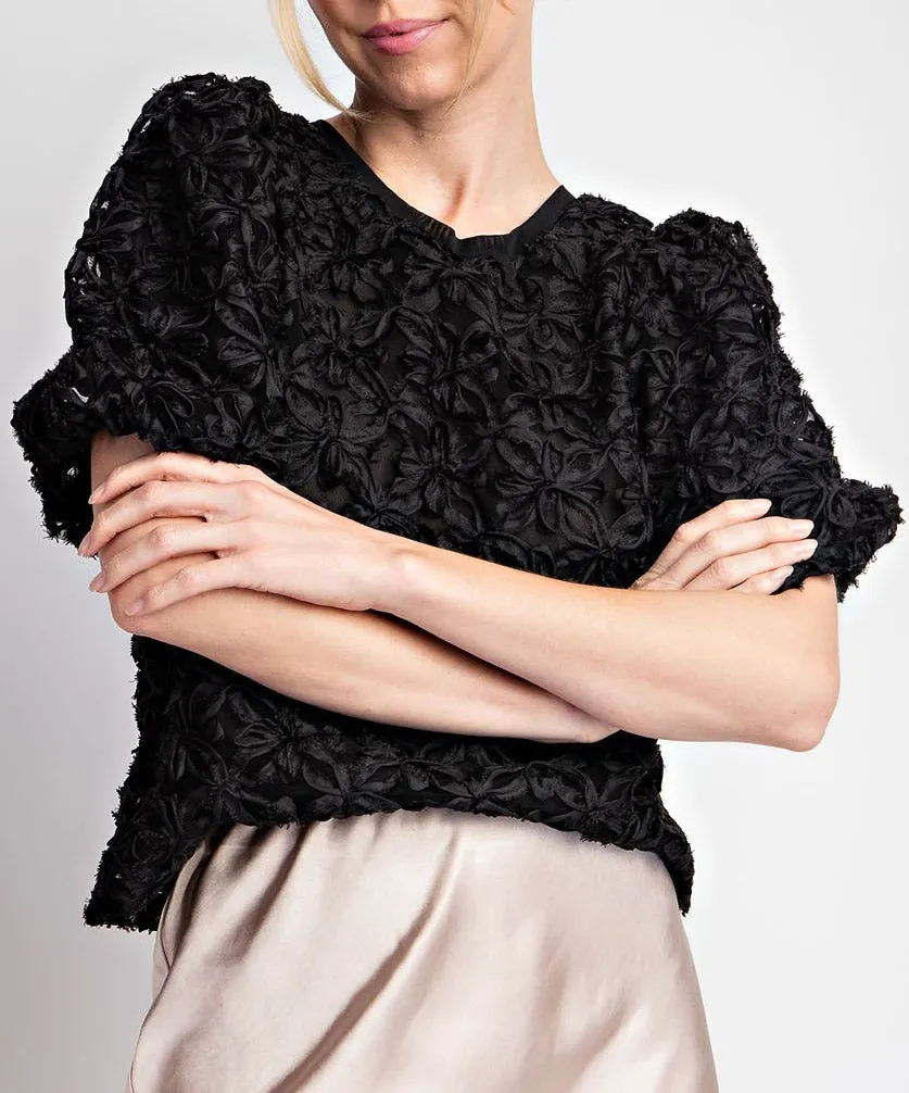 Floral Lace Puff Sleeve Top - Black