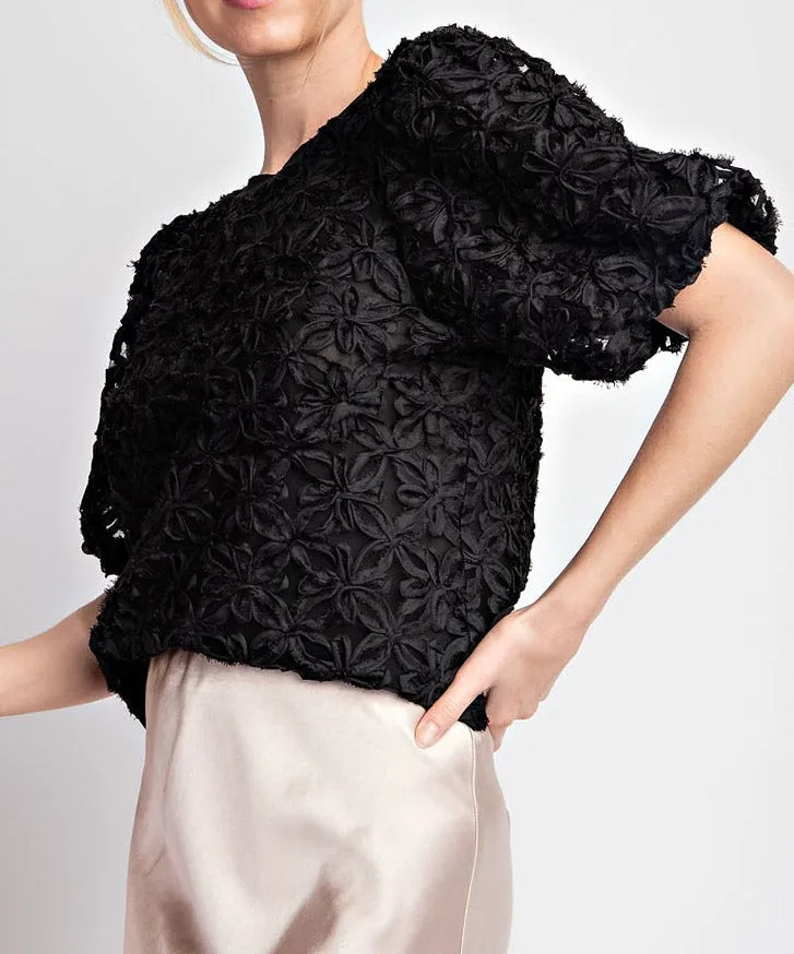 Floral Lace Puff Sleeve Top - Black