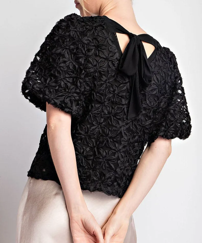 Floral Lace Puff Sleeve Top - Black