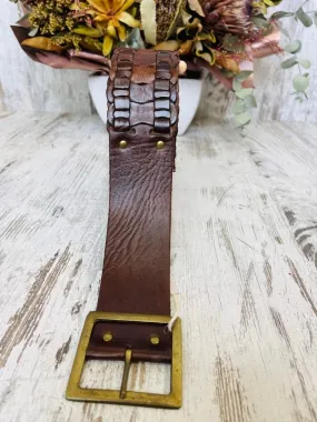 Genuine Leather Armadillo Wide Belt with T Bar Buckle ~ Chocolate