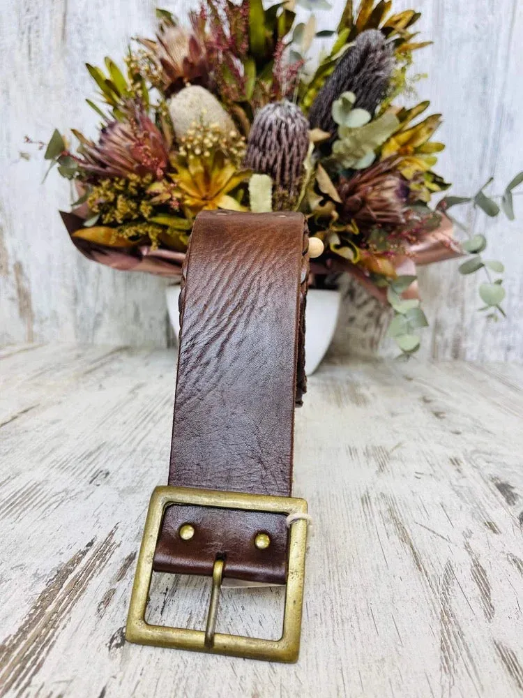 Genuine Leather Armadillo Wide Belt with T Bar Buckle ~ Chocolate