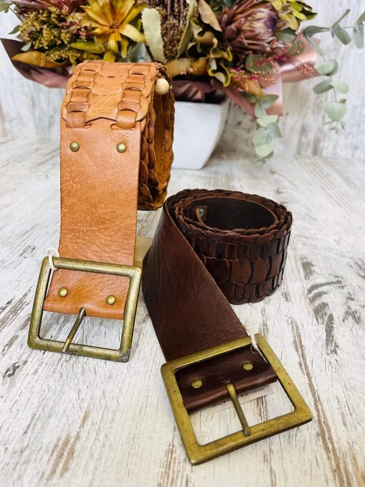 Genuine Leather Armadillo Wide Belt with T Bar Buckle ~ Chocolate