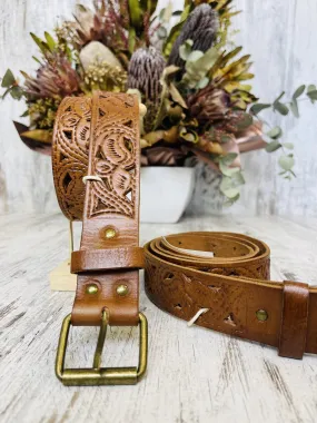 Genuine Leather Hand Tooled Belt Bronze T Bar - Tan