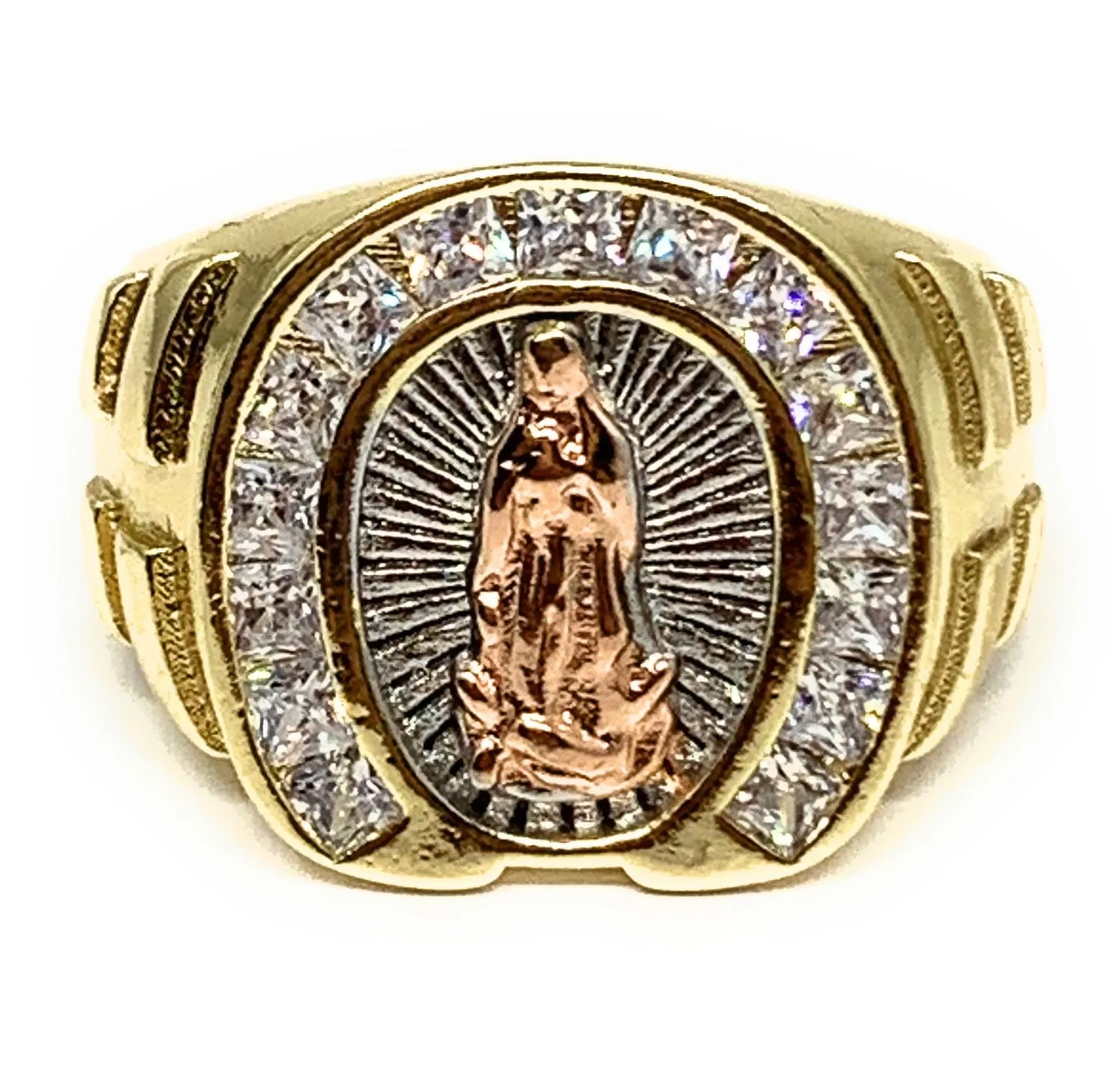 Gold Plated Men's Tri-Color Virgin Mary Horseshoe CZ Ring Virgen De Guadalupe Anillo