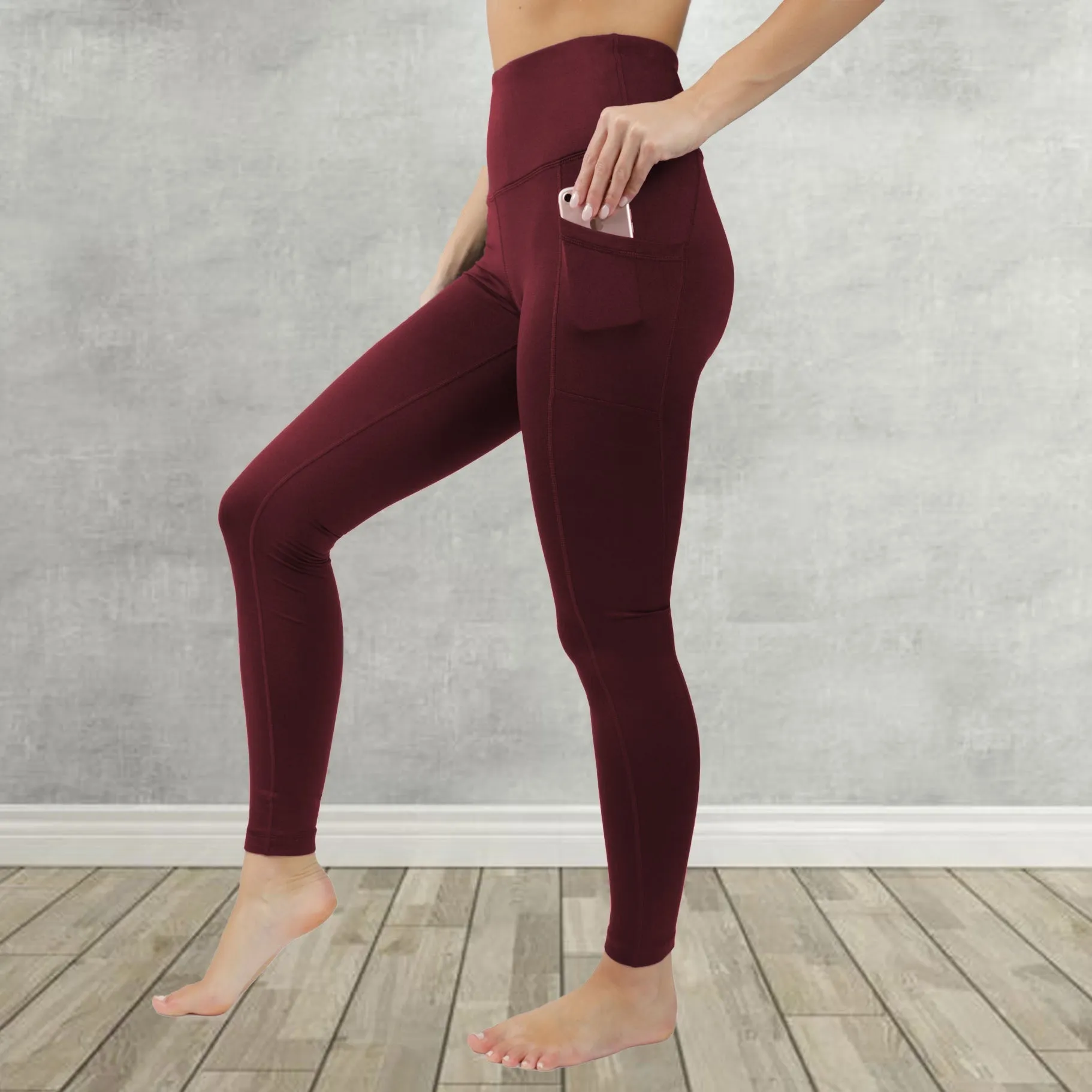 High-Waisted Solid Color Leggings with Phone-Sized Pockets - Comfort Fit with Yoga Waistband