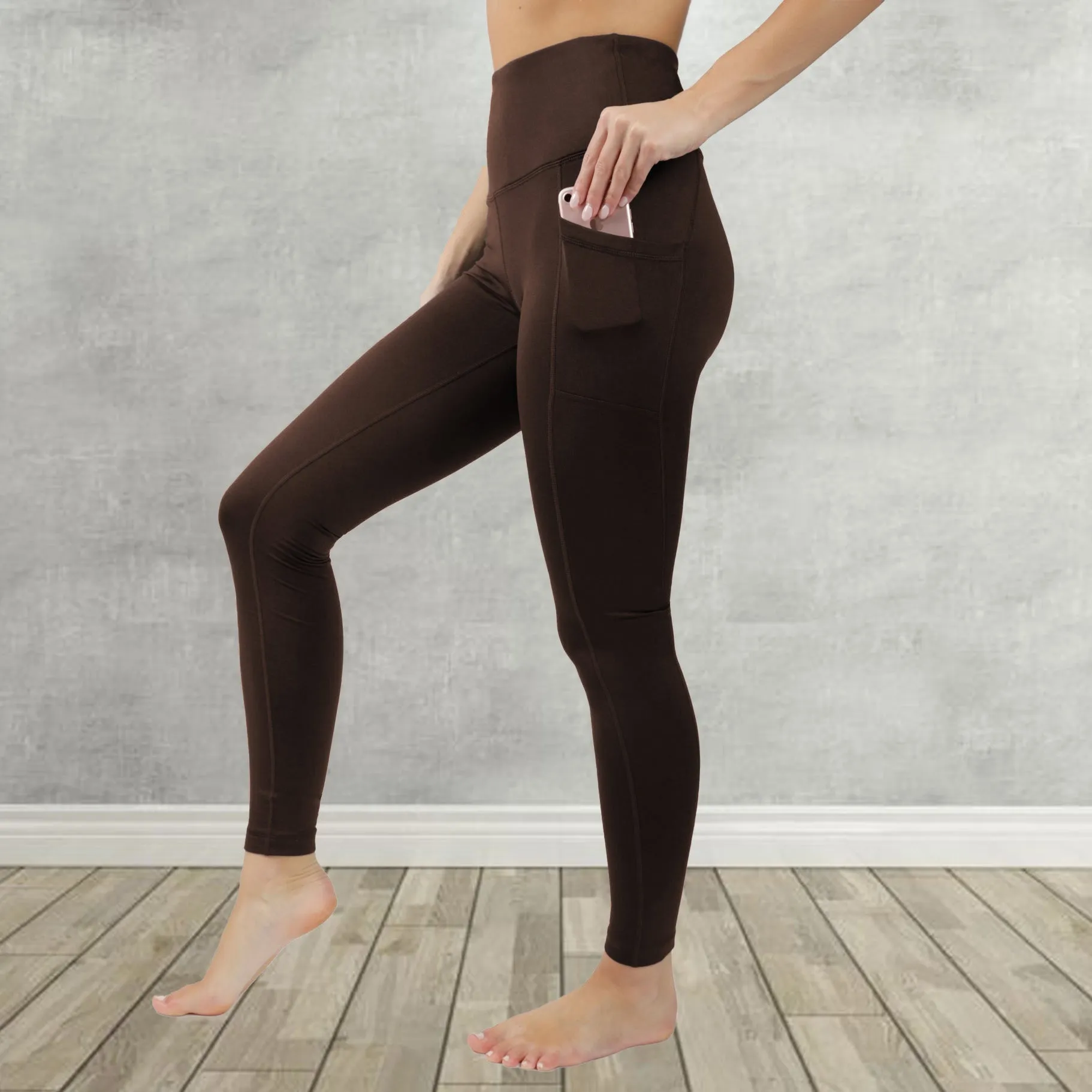 High-Waisted Solid Color Leggings with Phone-Sized Pockets - Comfort Fit with Yoga Waistband