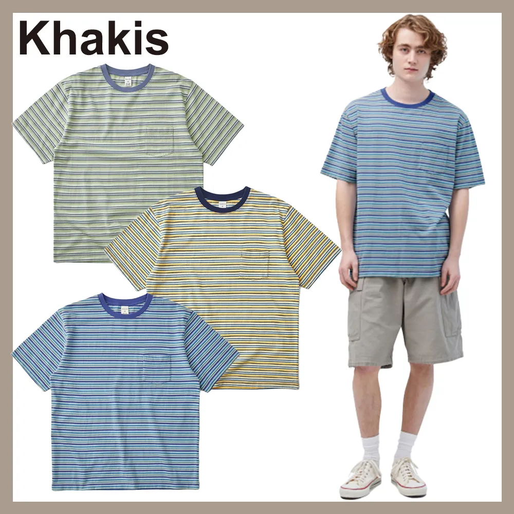 Khakis  |Stripes Unisex Street Style U-Neck Cotton Short Sleeves Logo