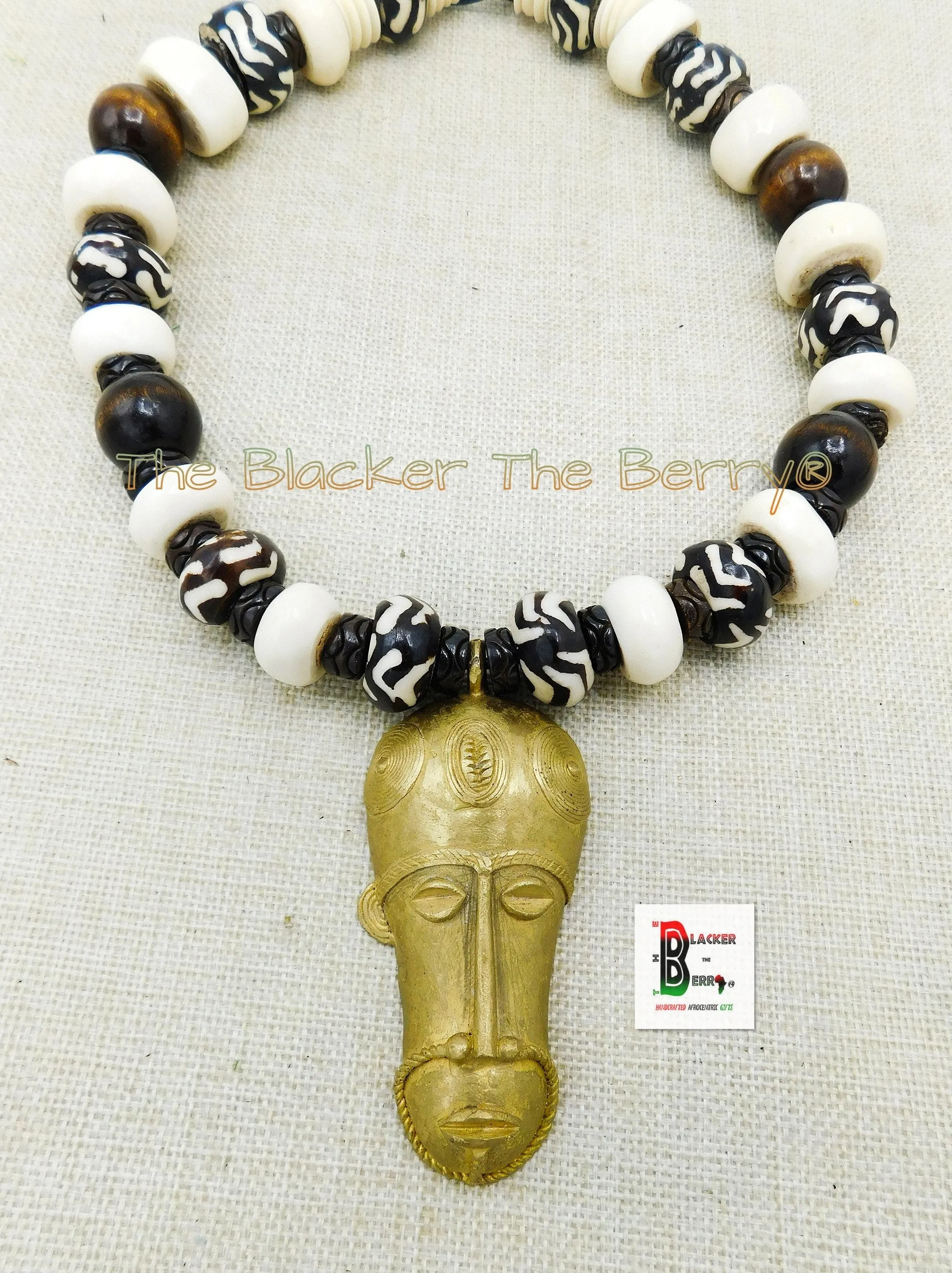 Large African Mask Men Necklace Beaded White Wooden Brass Black Owned