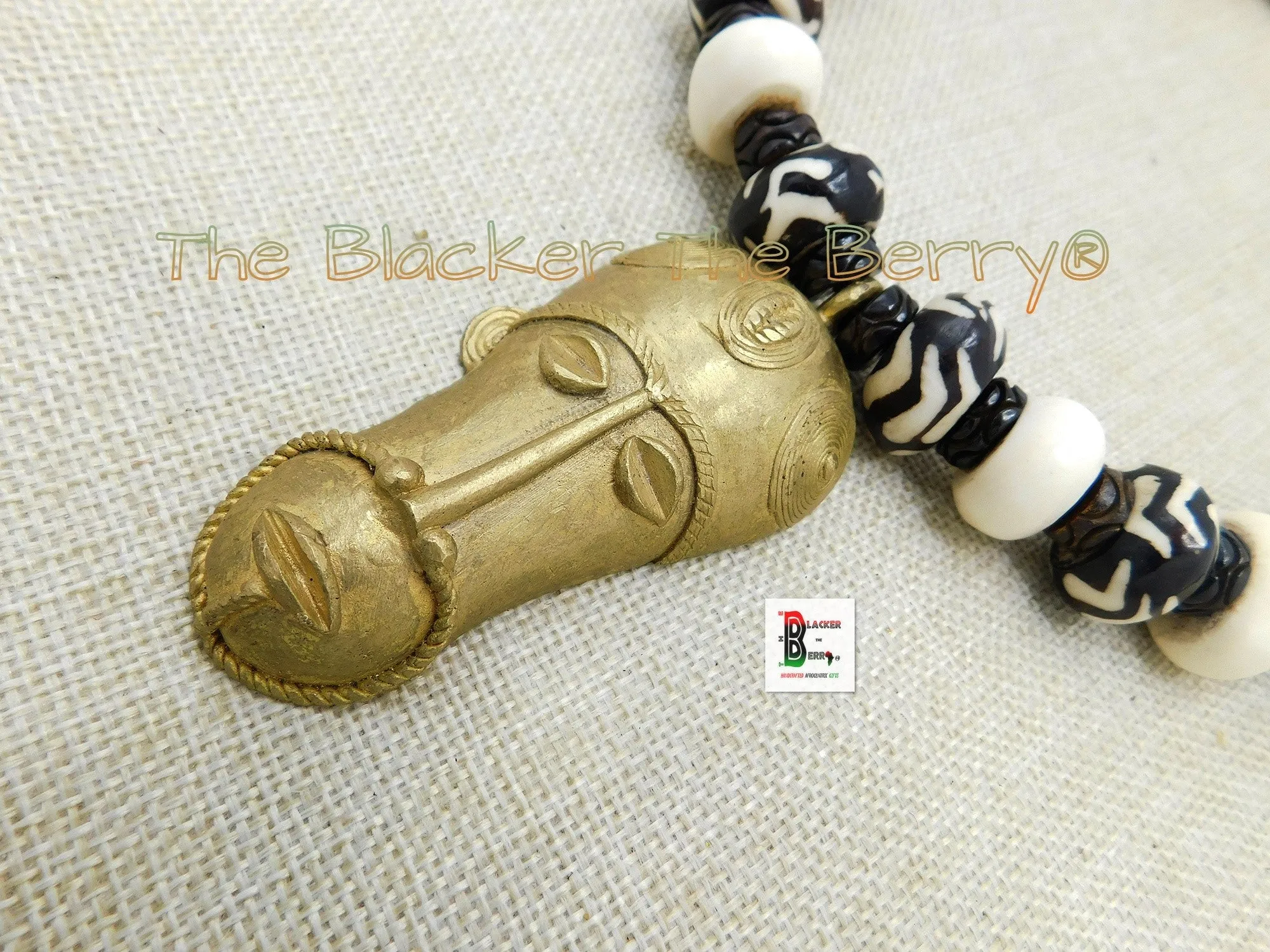 Large African Mask Men Necklace Beaded White Wooden Brass Black Owned