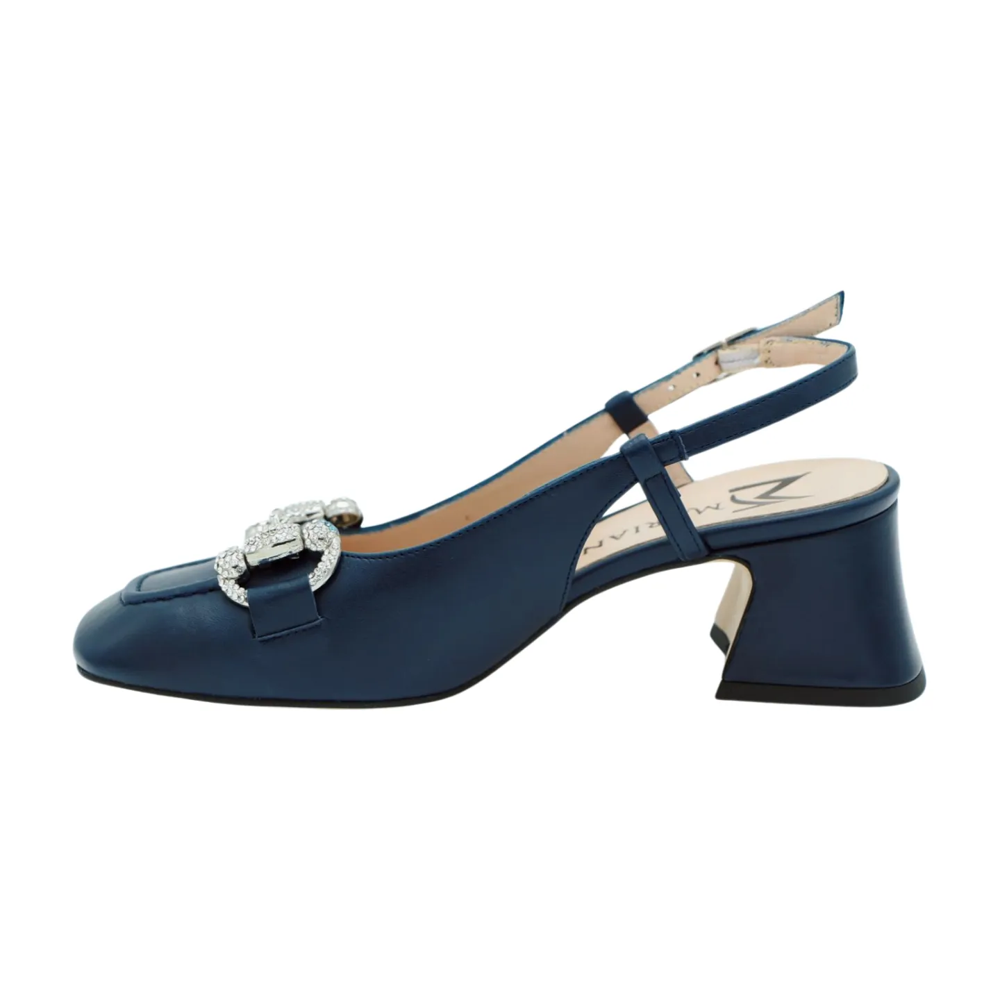 MARIAN Navy Leather Sling back  Shoe with Diamante Buckle