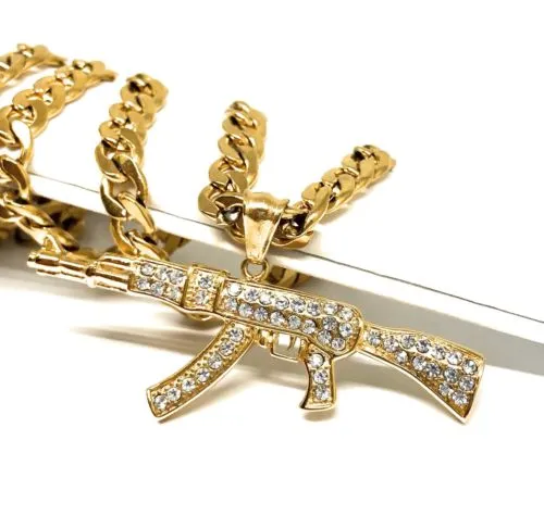 Men Gold Plated Hip Hop Iced Out Ak-47 Machine Gun Pendant 30 Cuban Link Chain 7mm