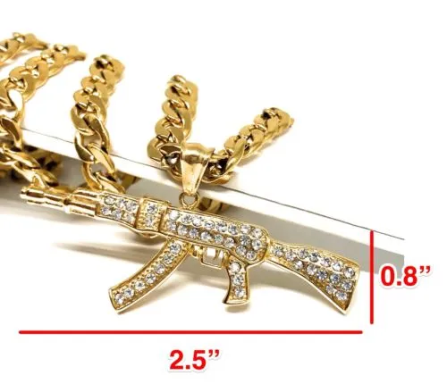 Men Gold Plated Hip Hop Iced Out Ak-47 Machine Gun Pendant 30 Cuban Link Chain 7mm