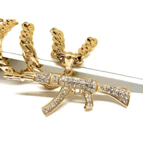 Men Gold Plated Hip Hop Iced Out Ak-47 Machine Gun Pendant 30 Cuban Link Chain 7mm