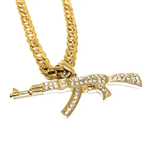 Men Gold Plated Hip Hop Iced Out Ak-47 Machine Gun Pendant 30 Cuban Link Chain 7mm