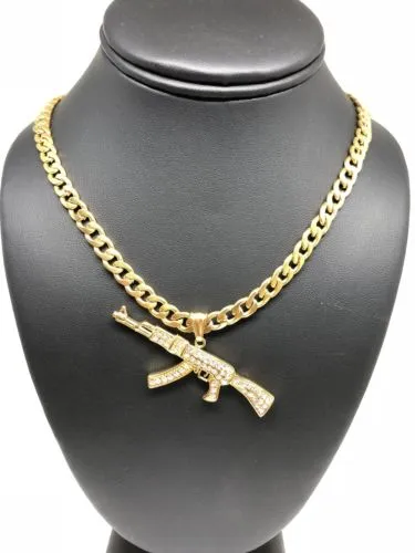 Men Gold Plated Hip Hop Iced Out Ak-47 Machine Gun Pendant 30 Cuban Link Chain 7mm